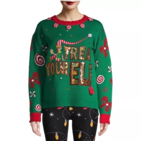Holiday Time Treat Your Elf Ugly Christmas Sweater Medium - Picture 1 of 9